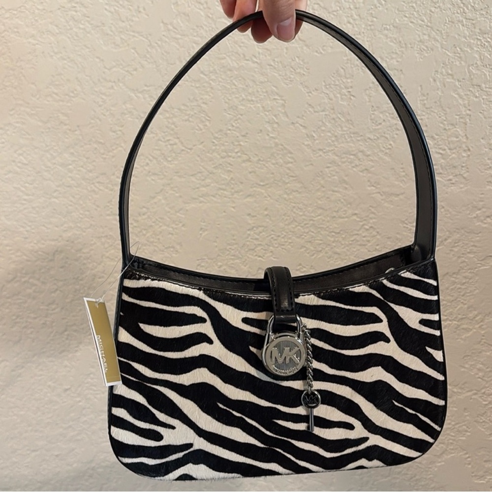 NWT Michael Kors Women’s Black & White Zebra Print Calf Hair Pochette Handbag